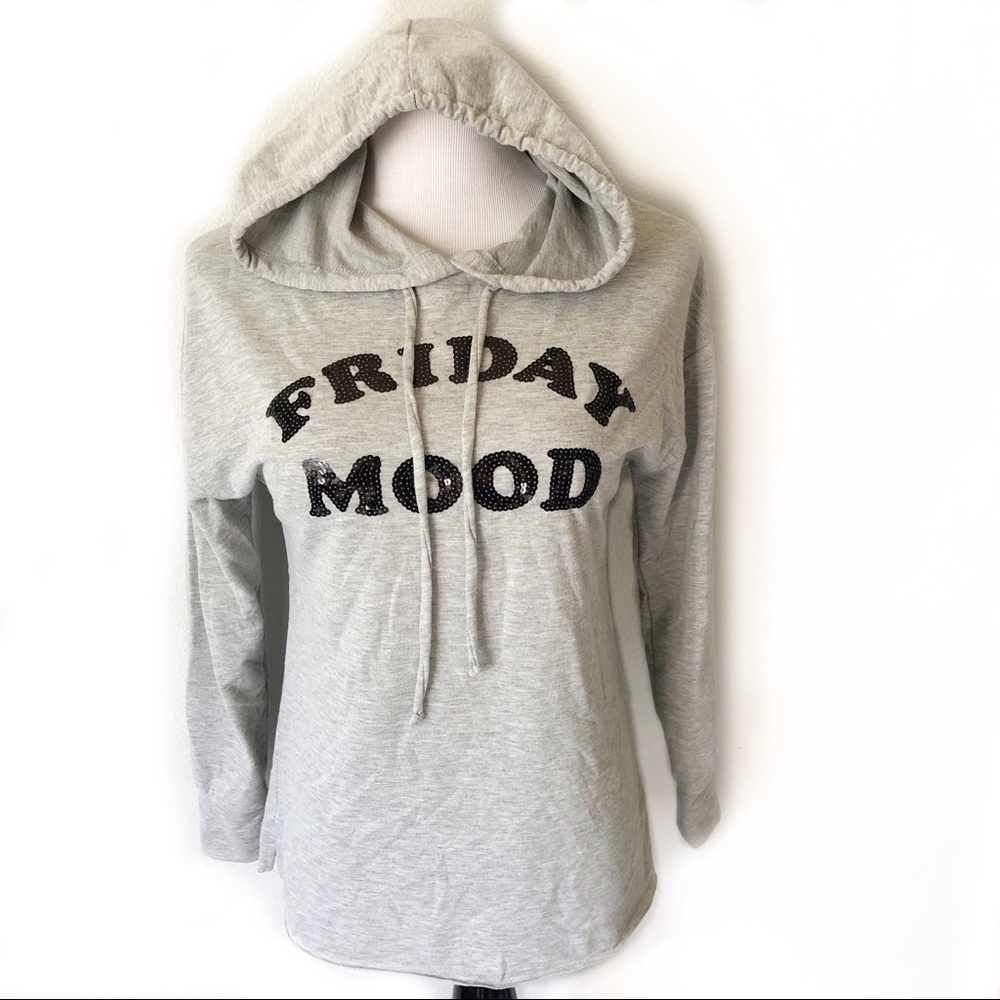 Sequins Hoodie FRIDAY MOOD REBELLIOUS ONE Hoodie Relaxed Fit Top Gray Bl… - Picture 10 of 10